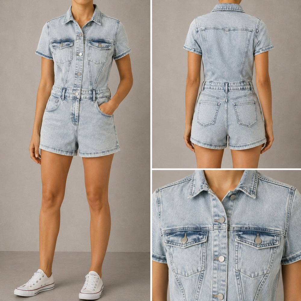 Denim Romper Size S Light Wash Short Sleeve Button Front Utility Playsuit